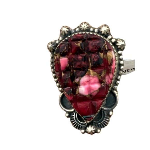 Artisan Rose Dahlia Southwest Mosaic Carved Adj Sterling Silver Statement Ring - Picture 7 of 10